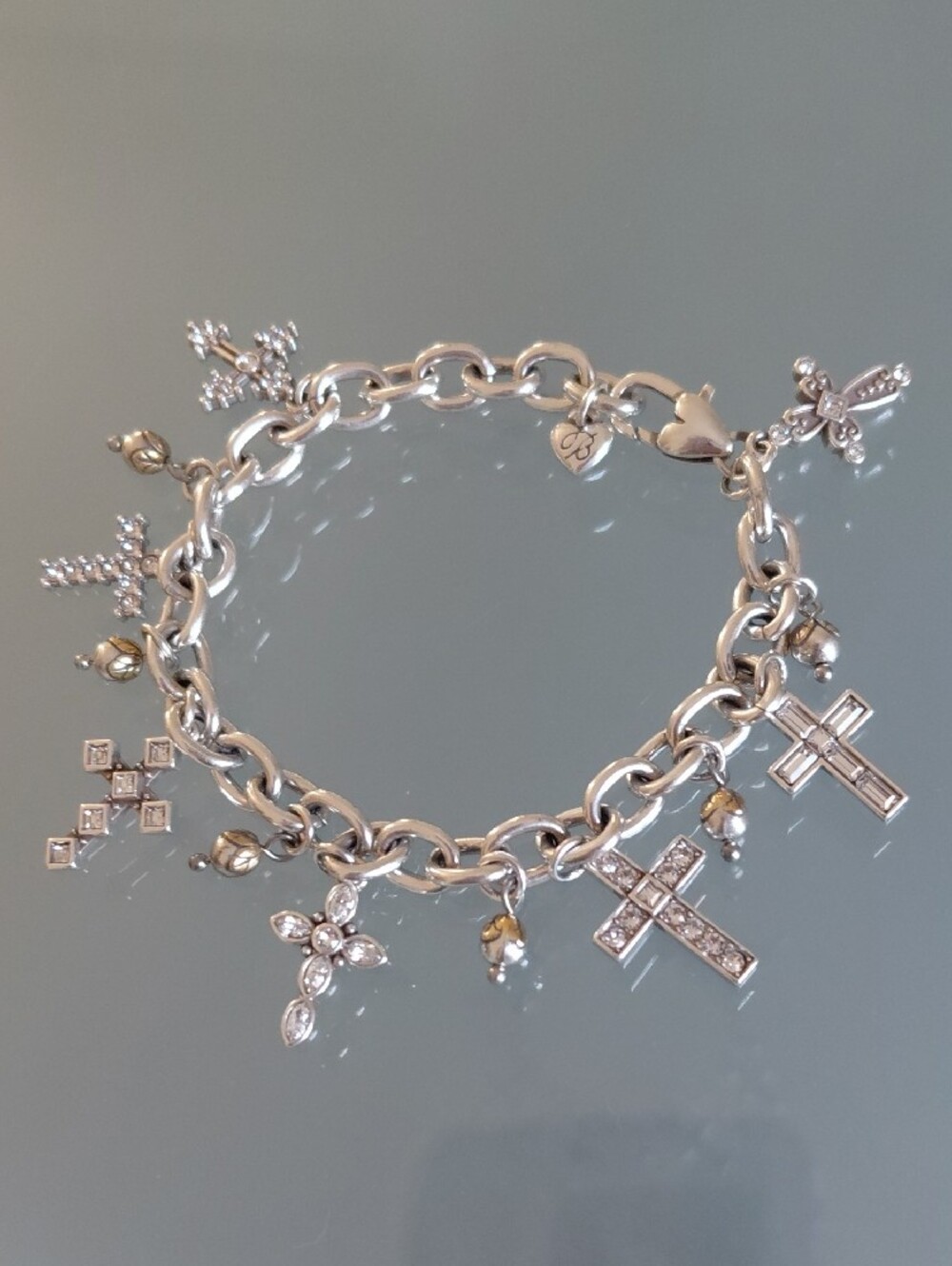 Brighton Sacramento Silver Cross Swarovski Crystal Charm Bracelet Signed 8.5"